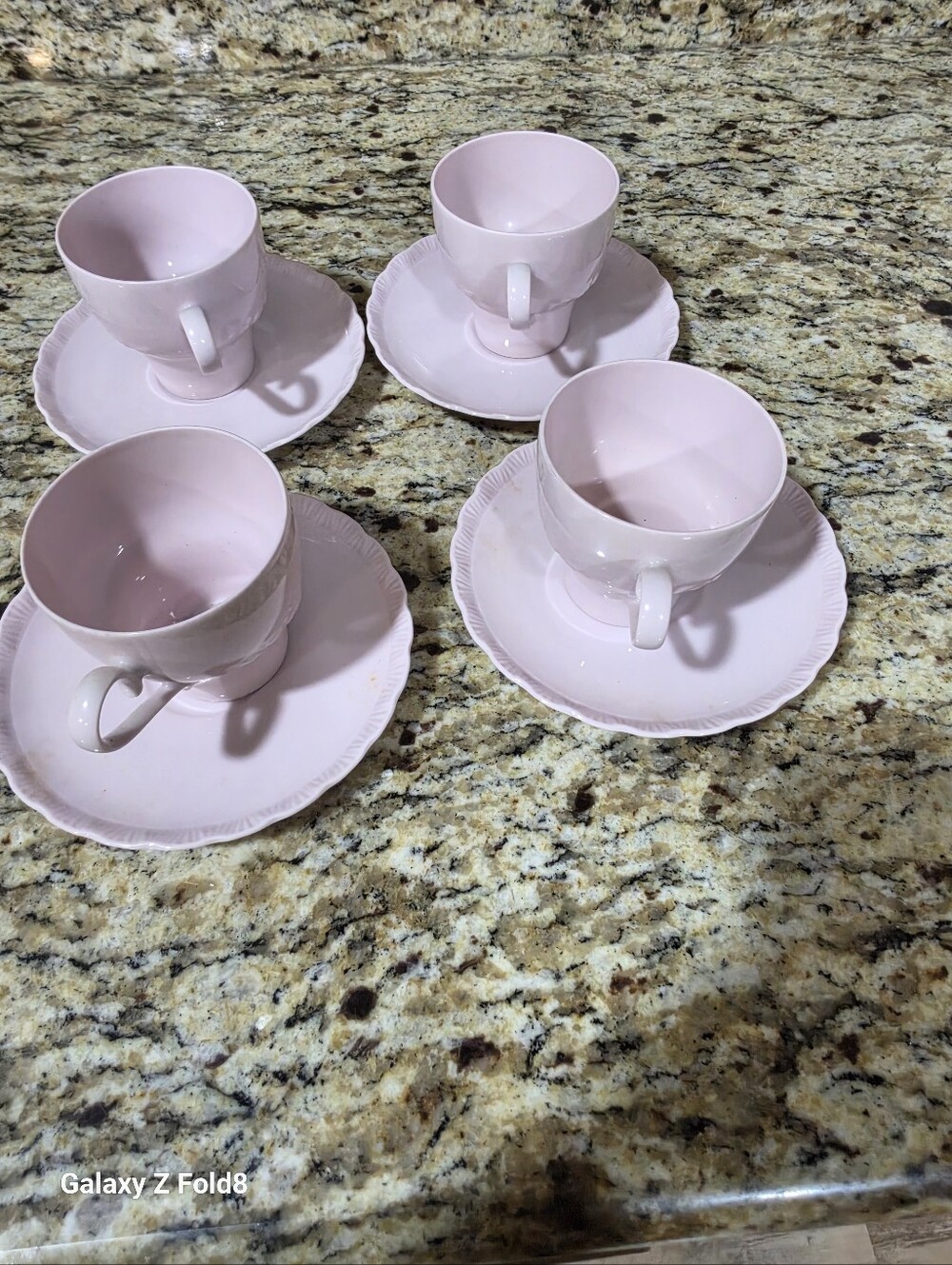 Vintage Hutschenreuther Germany Pink Porcelain Teacup Set of 4 + 1 Bonus Saucer